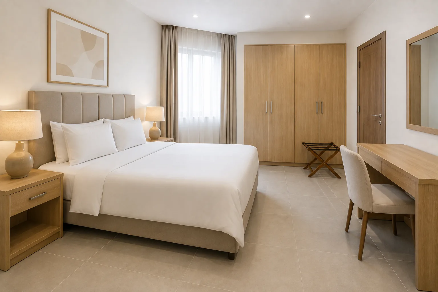 Hotel apartment bedroom with upholstered headboard, wardrobe and writing desk