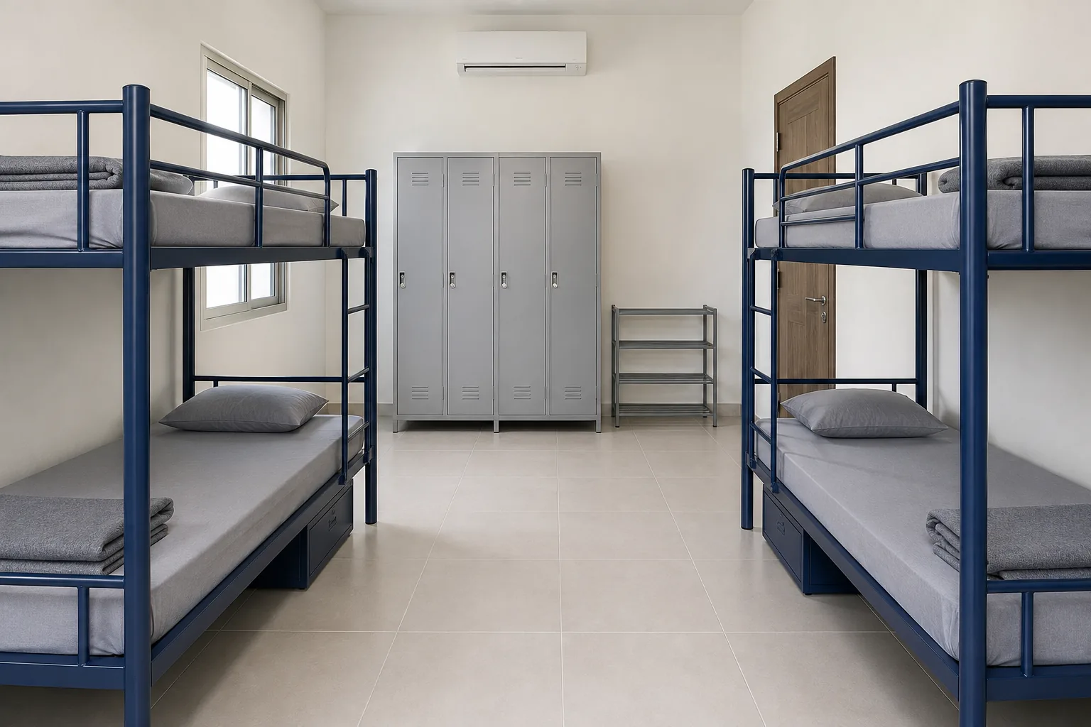 Steel double-decker bunk beds in a UAE labour camp dormitory room