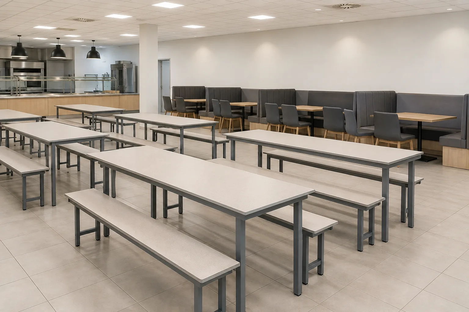 Rows of canteen dining tables and bench seating in a staff cafeteria