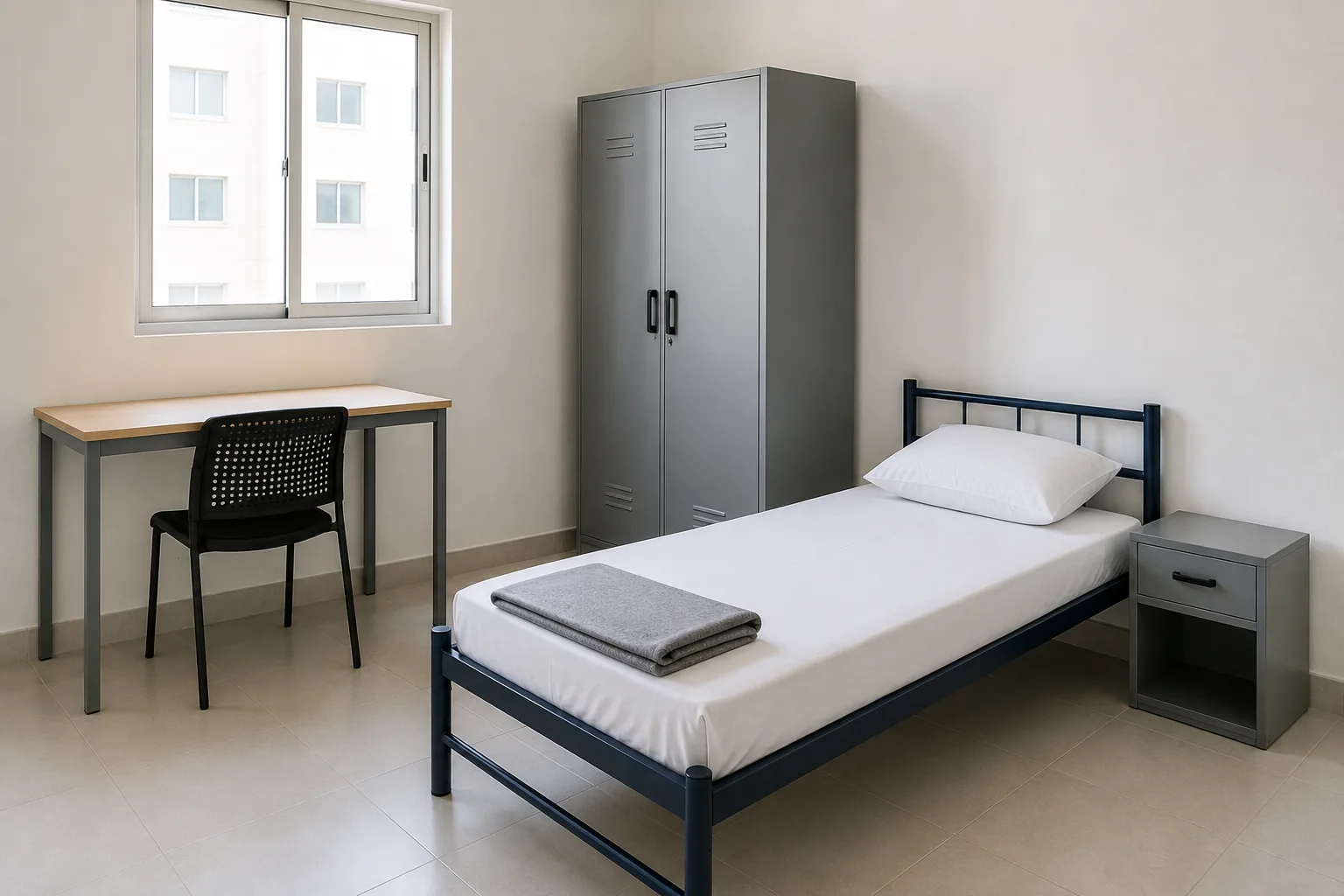 Furnished staff accommodation bedroom with single bed and steel wardrobe