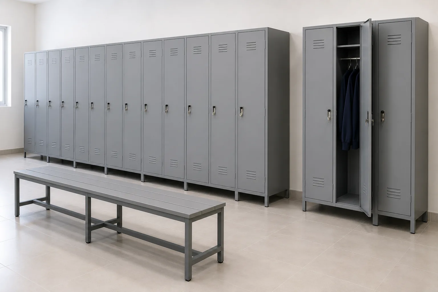 Row of grey powder-coated steel lockers with ventilation slots and key locks
