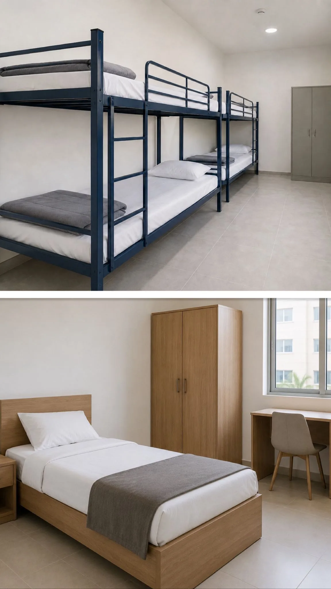 Steel bunk beds and wooden MDF single bed with wardrobe and study desk, manufactured in Dubai for UAE staff accommodation