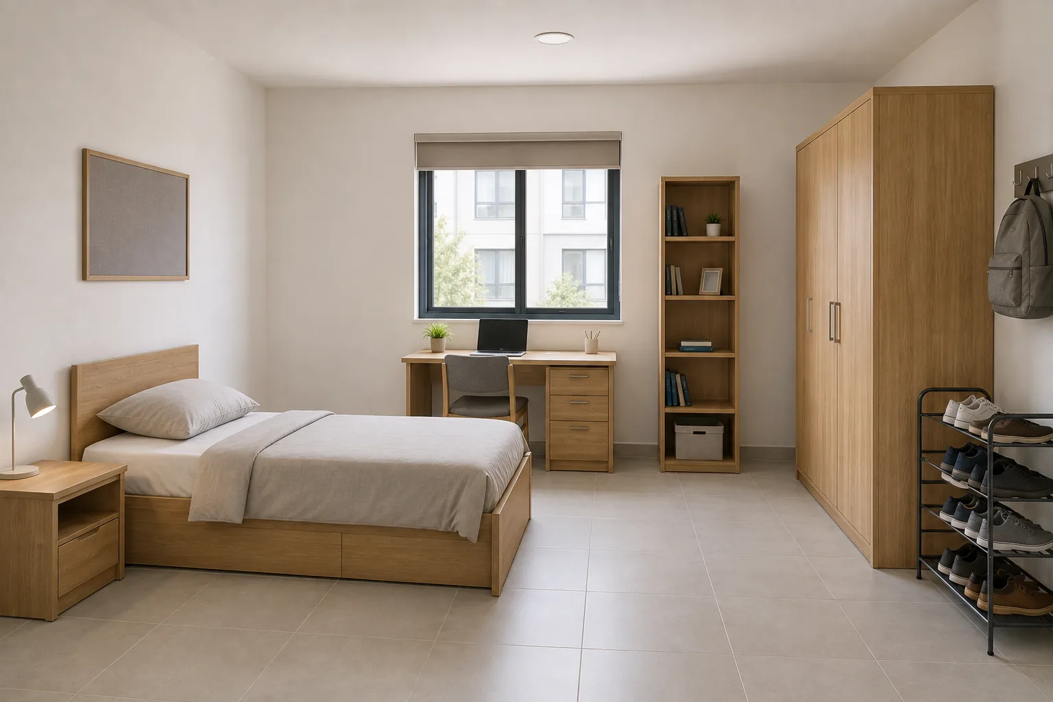 University student hostel dormitory furnished with bunk beds, desks and wardrobes