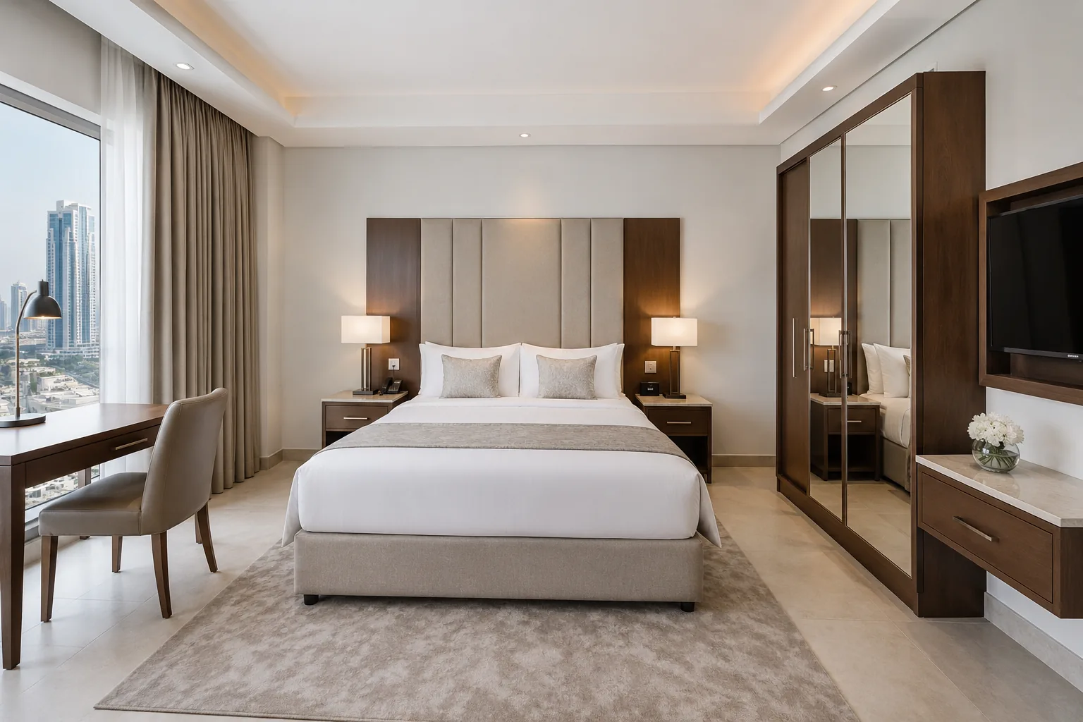 Hotel room in Dubai furnished with a manufactured bed, headboard, wardrobe and desk