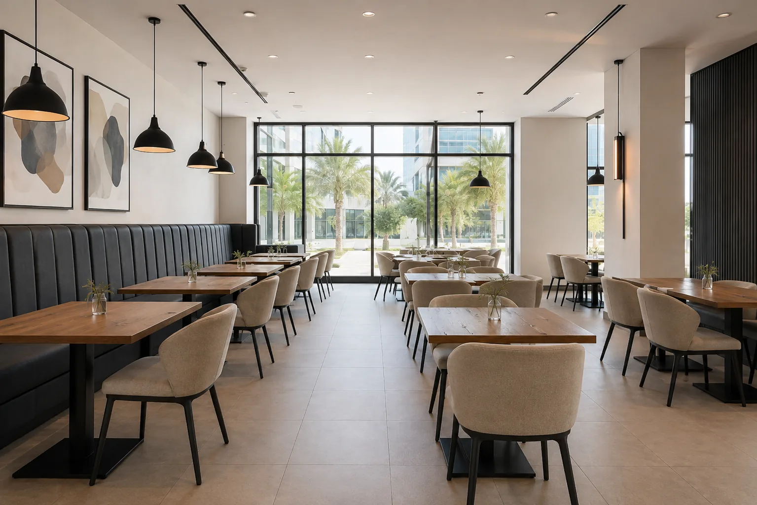 Restaurant dining room in Dubai with manufactured tables, chairs and booth seating