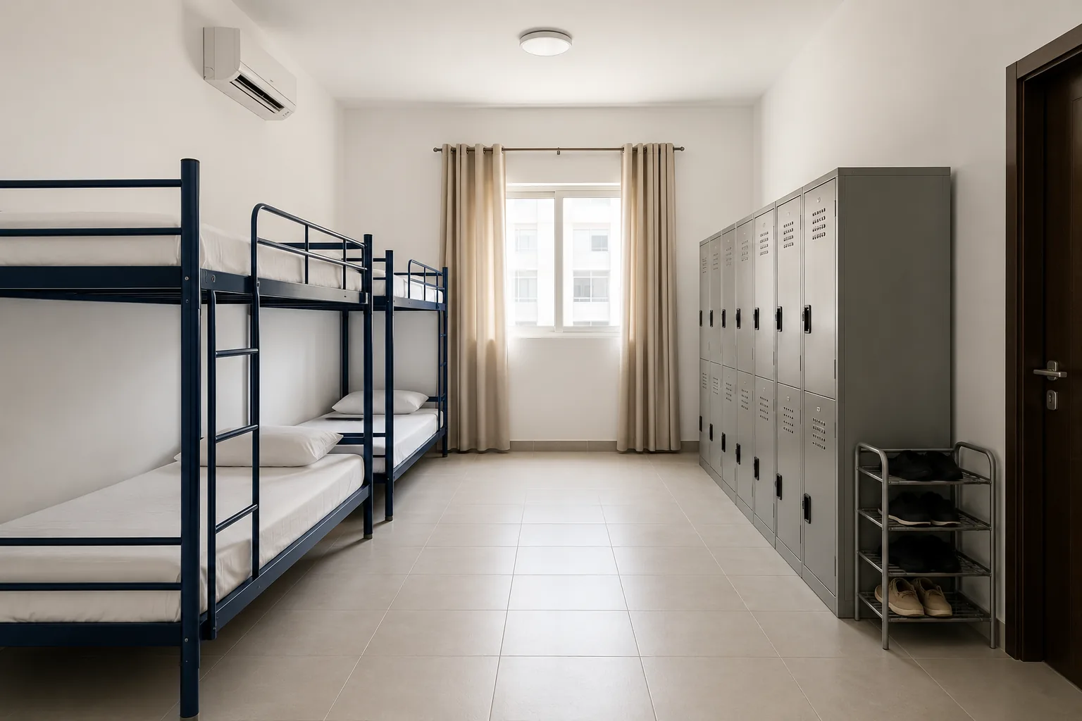 Staff accommodation room in the UAE furnished with steel bunk beds and lockers