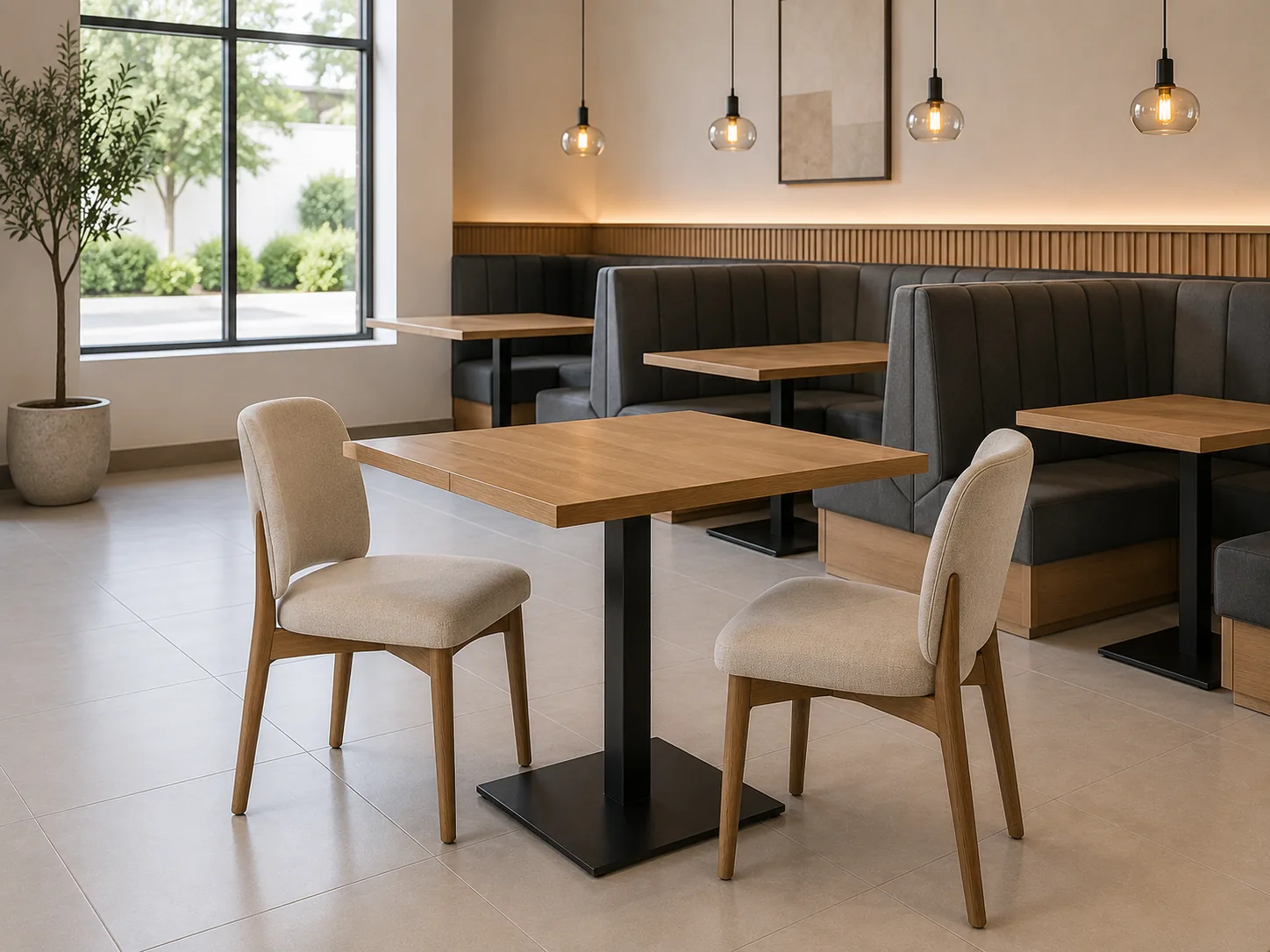 Stackable steel-frame restaurant chair with upholstered seat