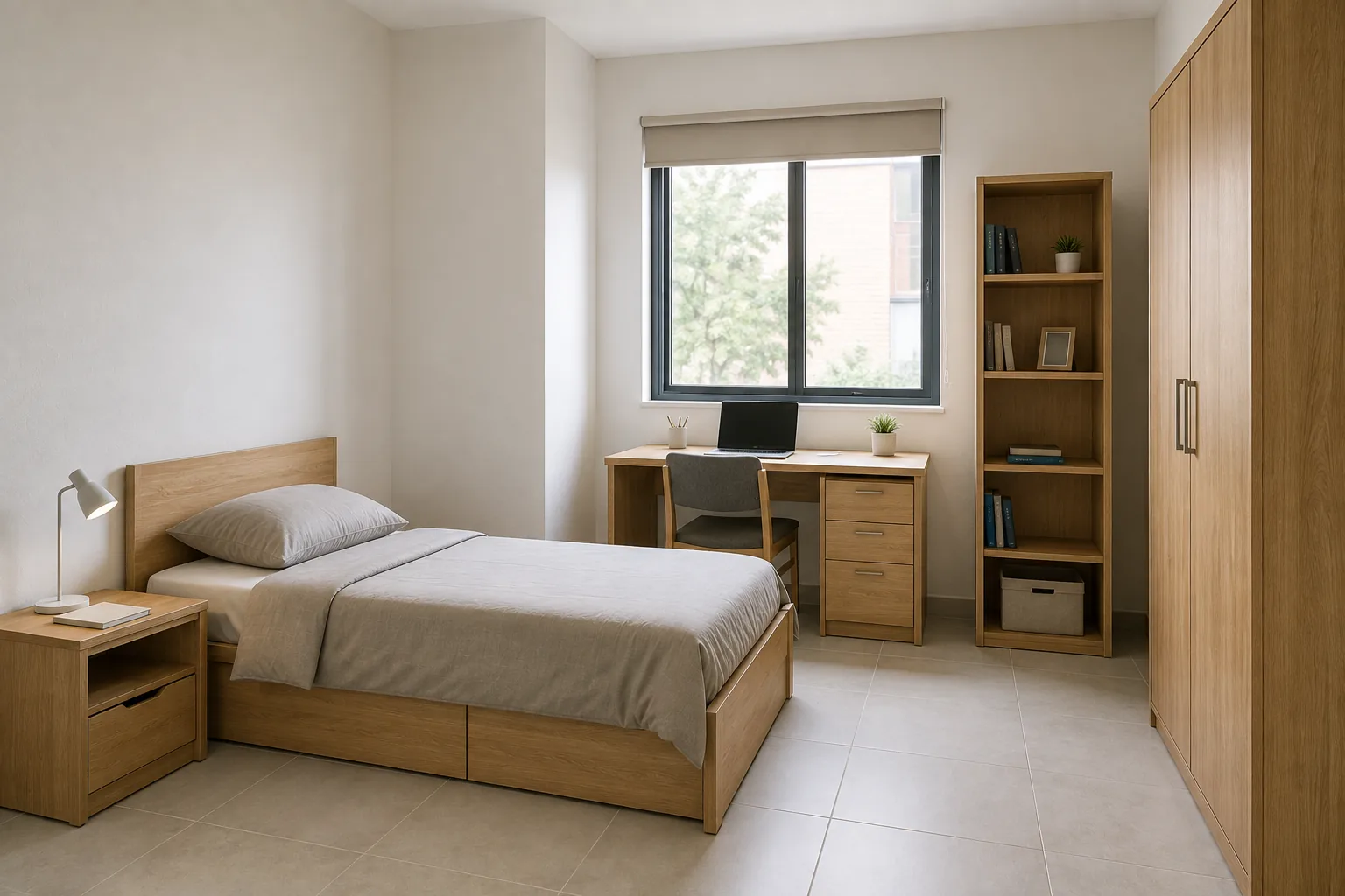 Student hostel dormitory room with bunk beds and study desks