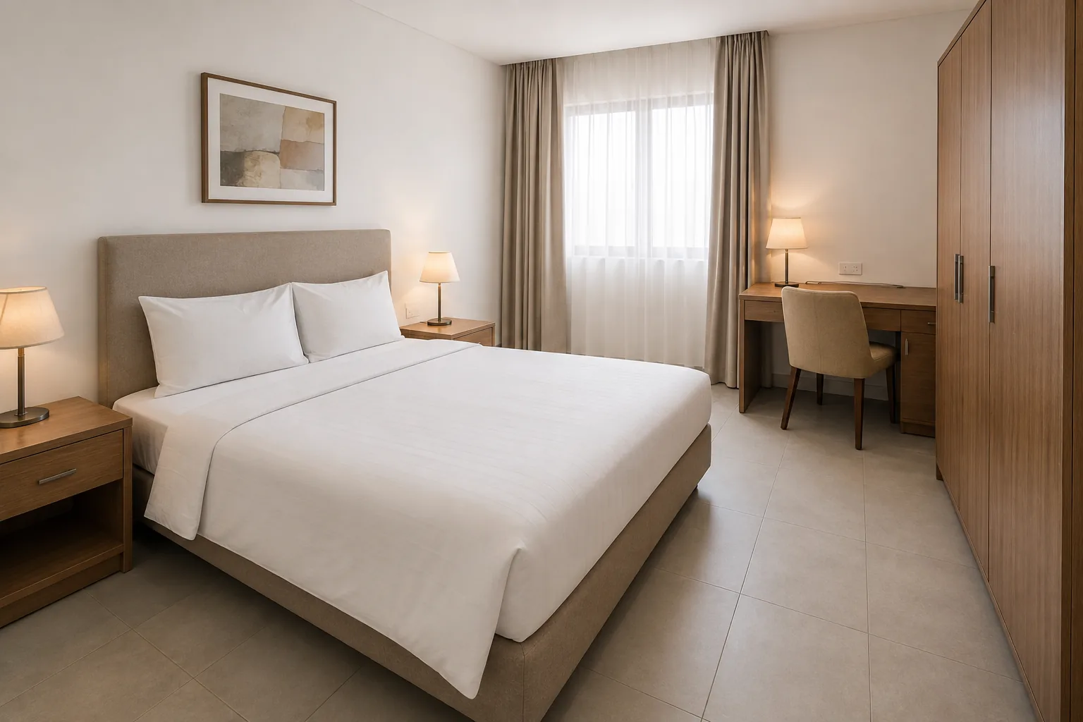 Hotel apartment room furnished with a manufactured bed, headboard and desk