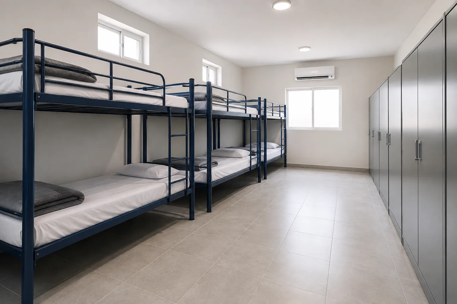 Steel bunk beds in a UAE construction and oil and gas labour camp dormitory