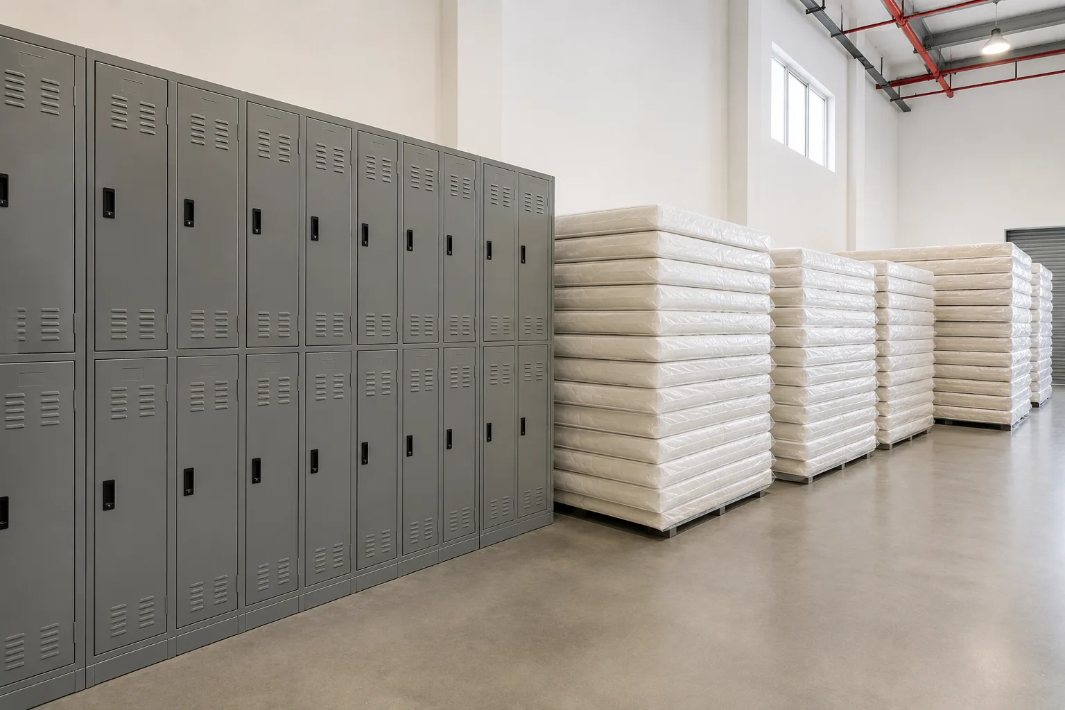 Steel storage lockers and bulk mattresses ready for delivery in the UAE
