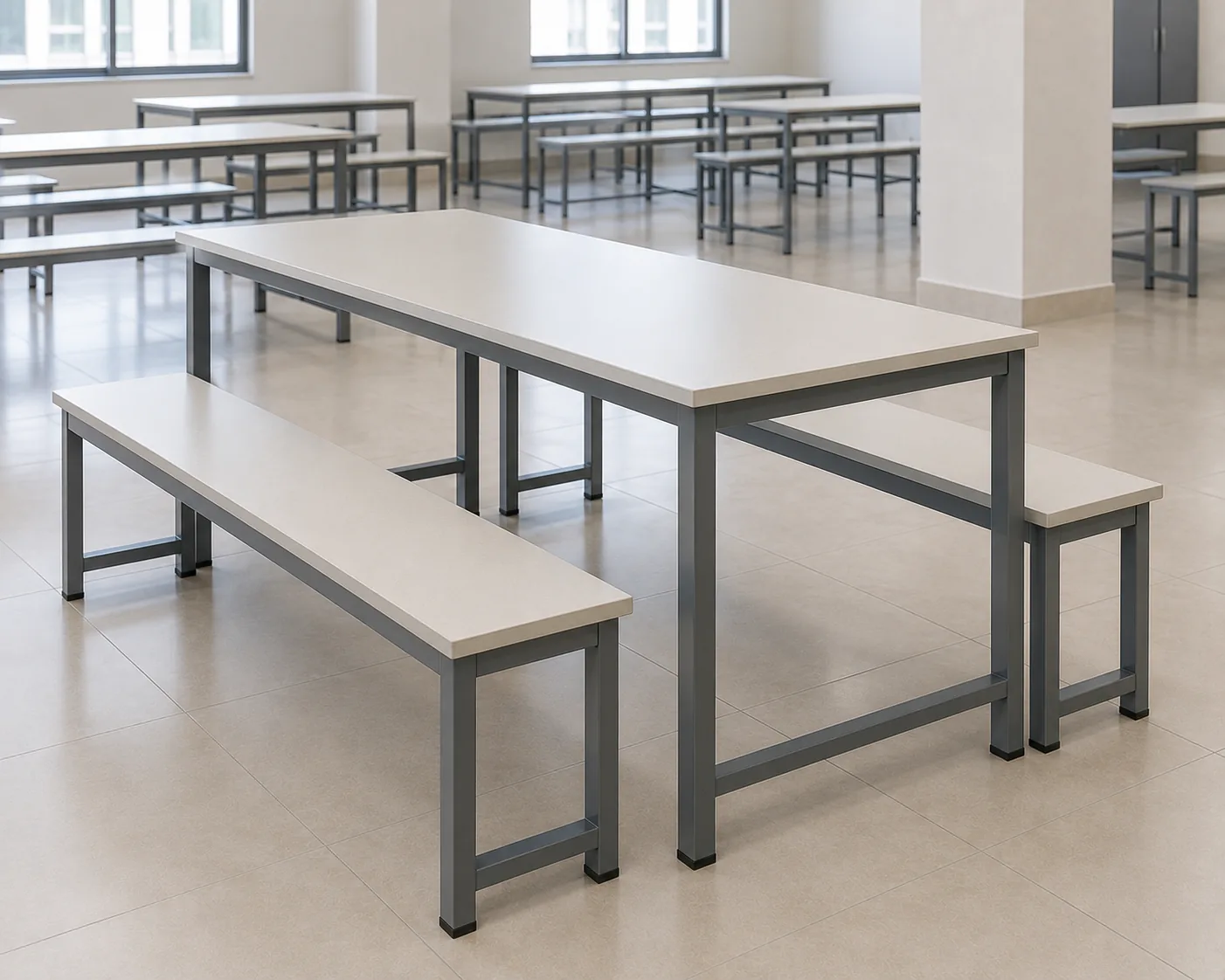 Dining tables and benches in a UAE labour camp mess hall