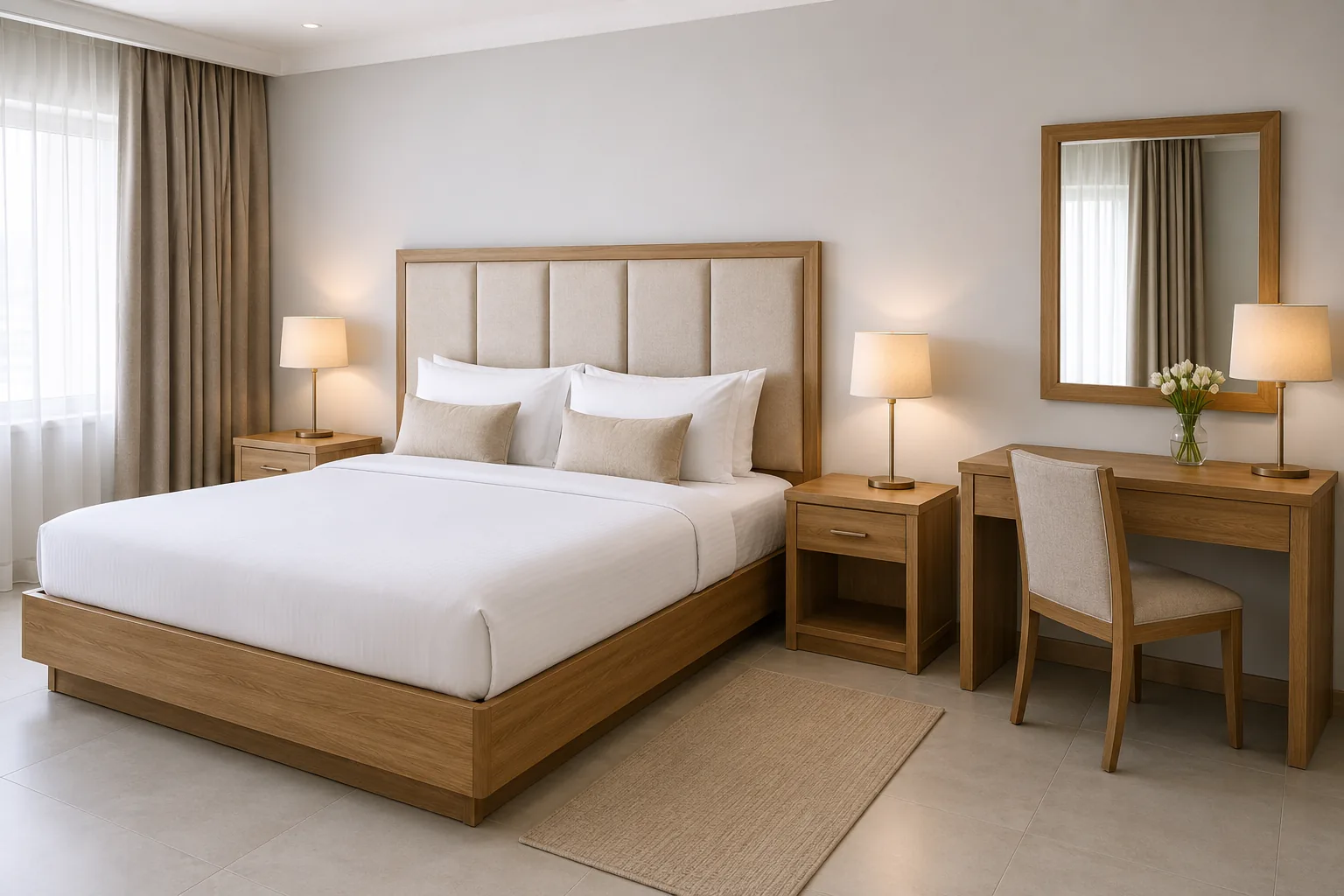 Hotel room furniture set with bed, upholstered headboard, wardrobe and desk