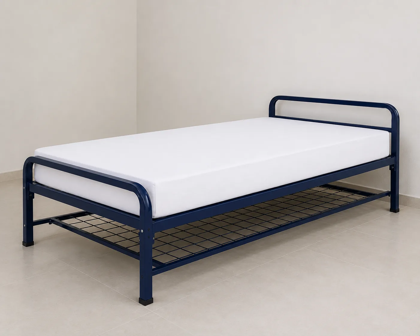 Steel single bed with high-density foam mattress in UAE staff accommodation