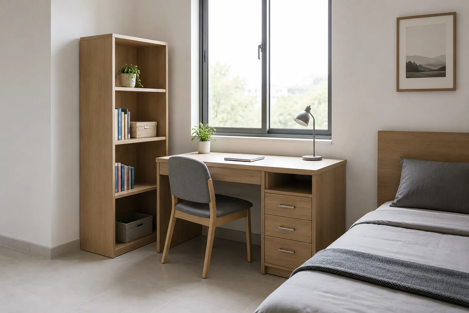 Study table, chair and bookshelf in a UAE student hostel room