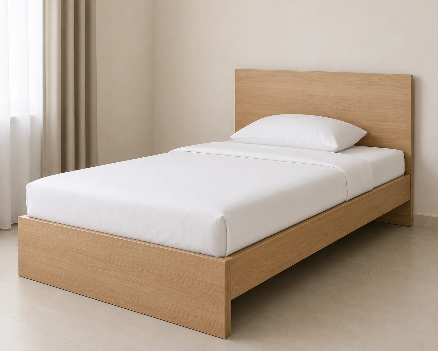 Wooden MDF single bed with headboard in a Dubai hotel apartment room